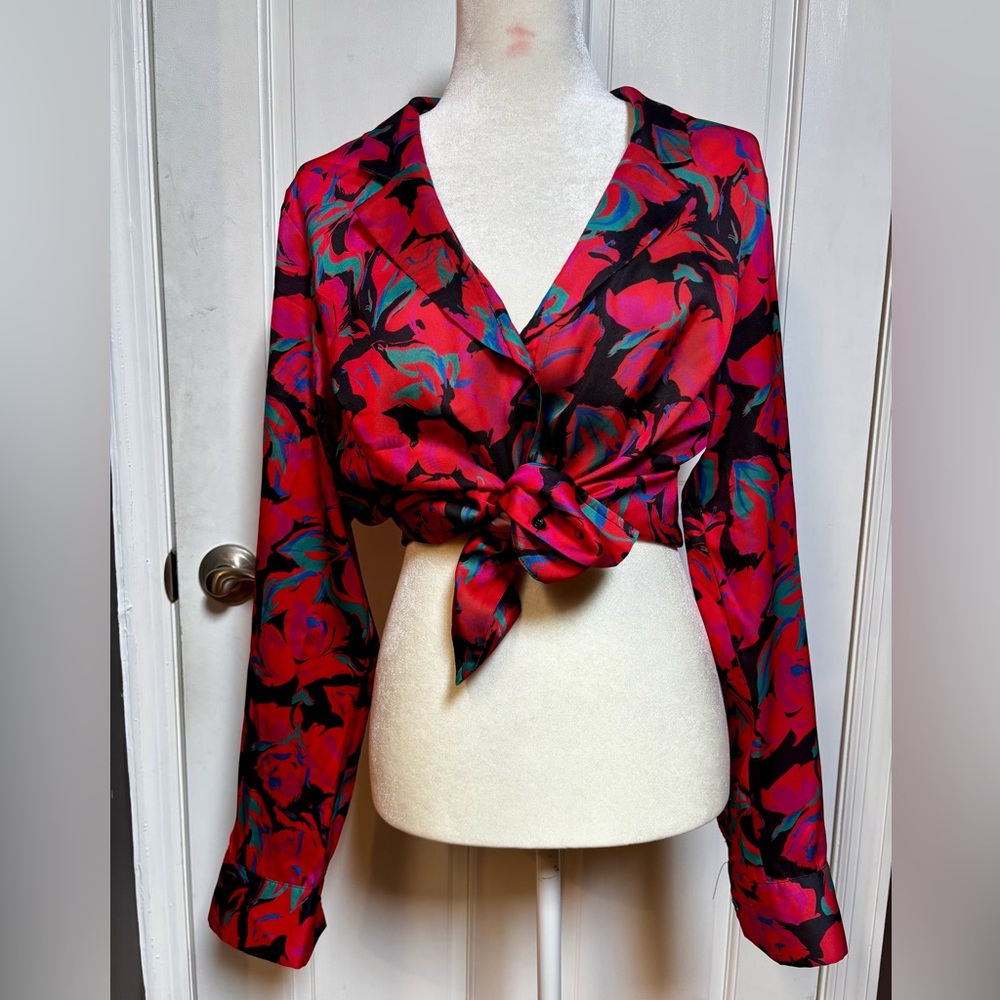 Topshop Red and Black Floral Blouse